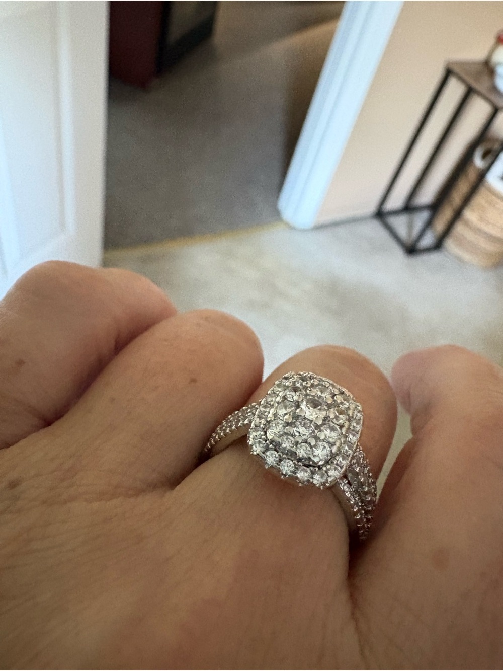 Classic Silver-Tone Diamond Cluster Engagement Ring - White